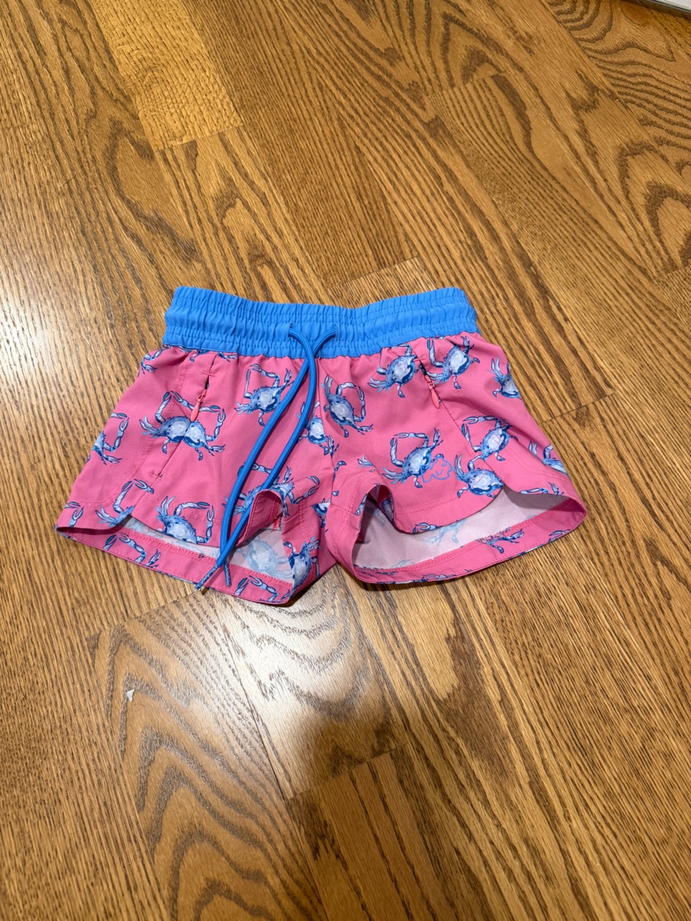 Pink Crab Print Shorts with Blue Waistband